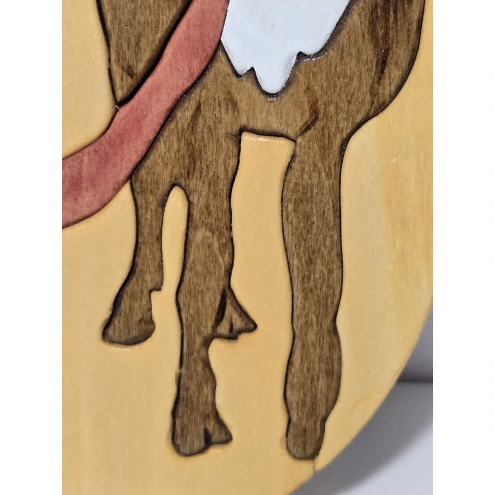 VINTAGE Wood Art Oval Christmas Reindeer Holly‎ Hobbie Handmade Signed Decor